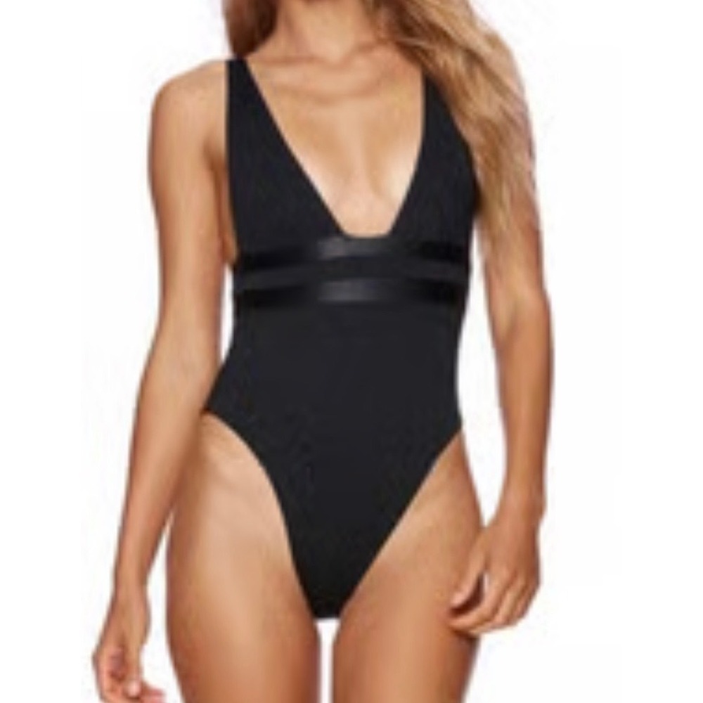 Beach Bunny Black Plunge One Piece Swimsuit Satin Band B191001P 2XL NEW